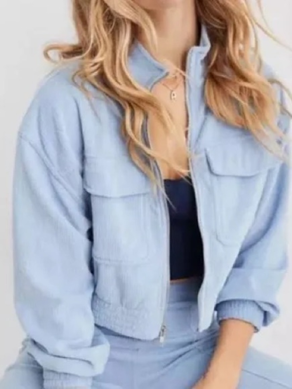 Aerie Groove-On Velour Blue Full Zip Cropped Jacket